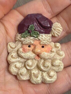 Vintage Hand Carved Santa Face Brooch Folk Art Christmas Pin Handmade